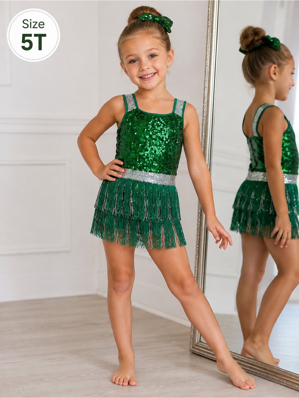 Weissman Girls 5T Green Sequin Fringe Dance Costume Silver Sparkle